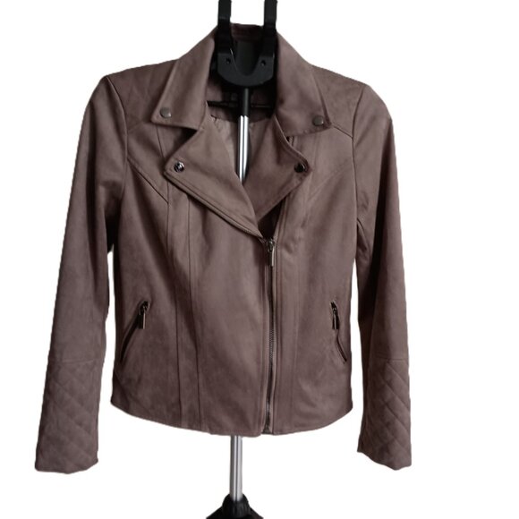 Kut from the Kloth Tan Faux Suede Quilted Panel Moto Jacket Women’s Size Medium - Picture 2 of 16